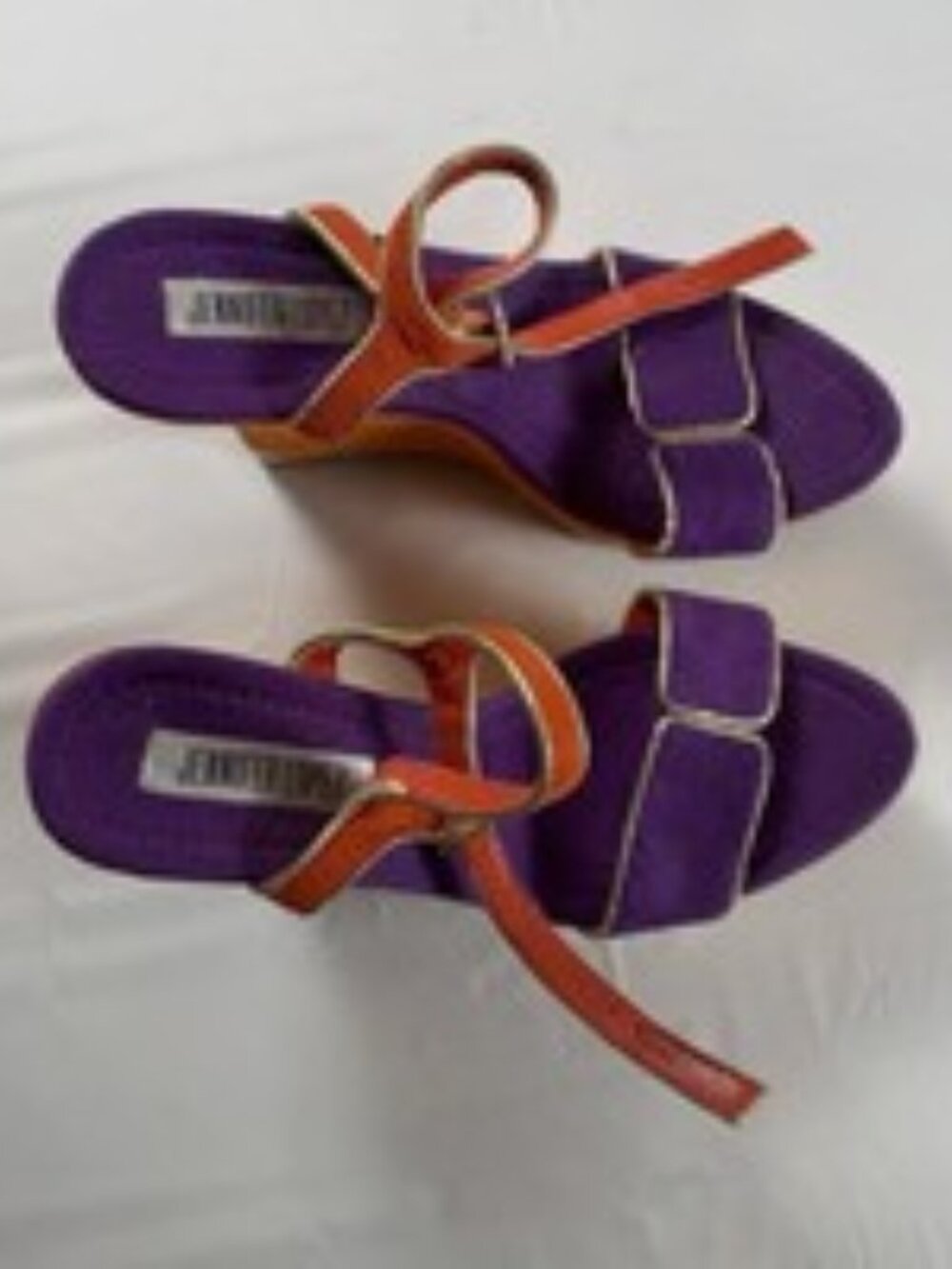 Vintage Y2K Jennifer Lopez Wedge Heels Womens 6 Orange Purple Suede Gold T Strap
